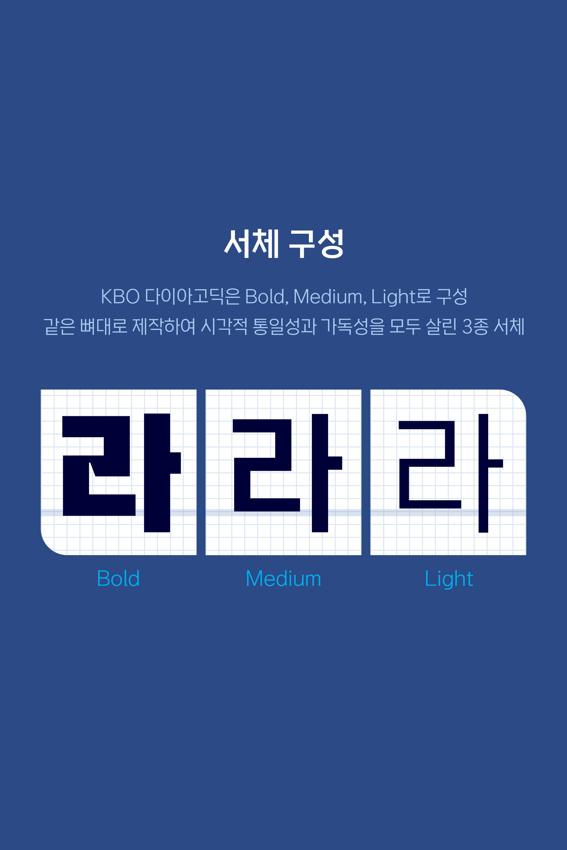 KBO 다이아고딕은 Bold, Medium, Light로 구성 같은 뼈대로 제작하여 시각적 통일성과 가독성을 모두 살린 3종 서체